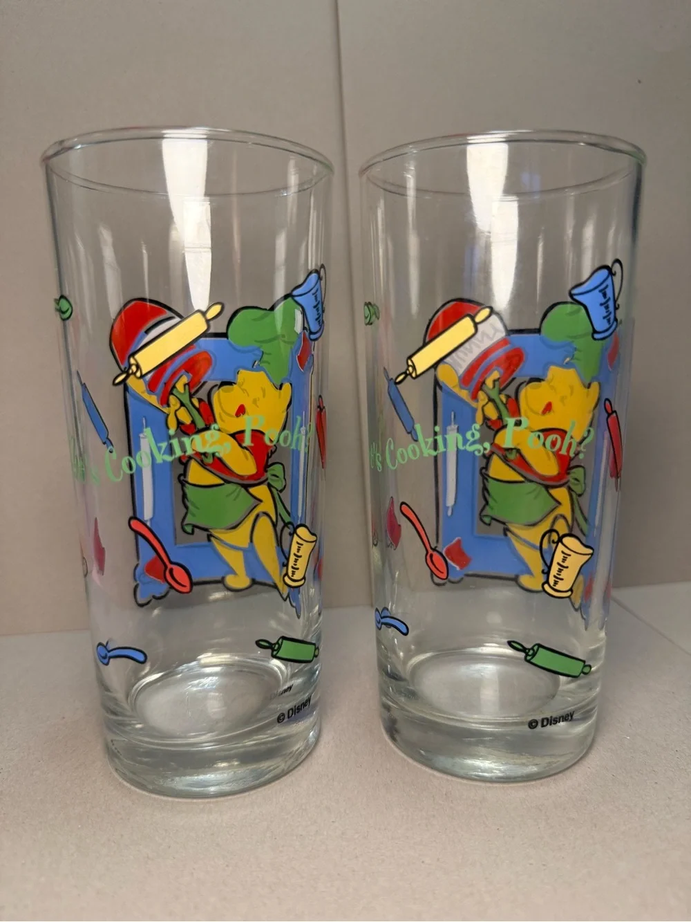 Vintage Disney Winnie the Pooh Blue Cartoon Glass Tumbler - Set of 2